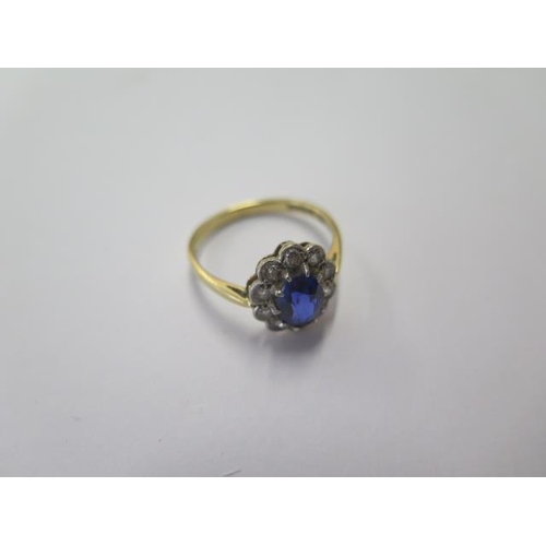 504 - An 18ct hallmarked sapphire and diamond ring, head approx 13mm x 11mm, size P, approx 3.4 grams, gen... 