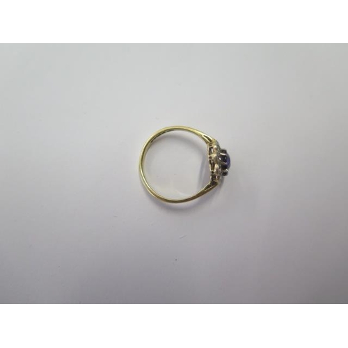 504 - An 18ct hallmarked sapphire and diamond ring, head approx 13mm x 11mm, size P, approx 3.4 grams, gen... 