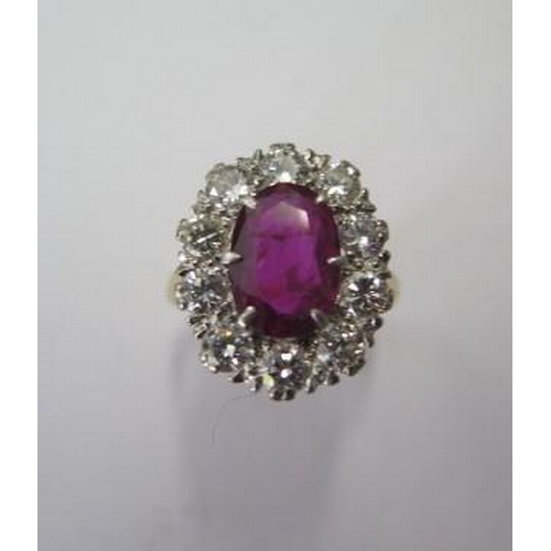 515 - A vintage 18ct yellow gold ruby and diamond ring, ruby approx 2.5ct, diamond approx 1.25ct, size N w... 