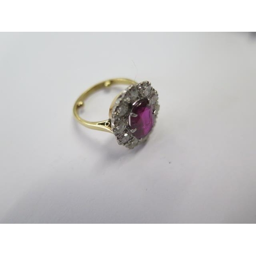 515 - A vintage 18ct yellow gold ruby and diamond ring, ruby approx 2.5ct, diamond approx 1.25ct, size N w... 