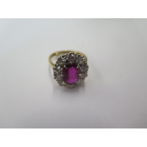 515 - A vintage 18ct yellow gold ruby and diamond ring, ruby approx 2.5ct, diamond approx 1.25ct, size N w... 