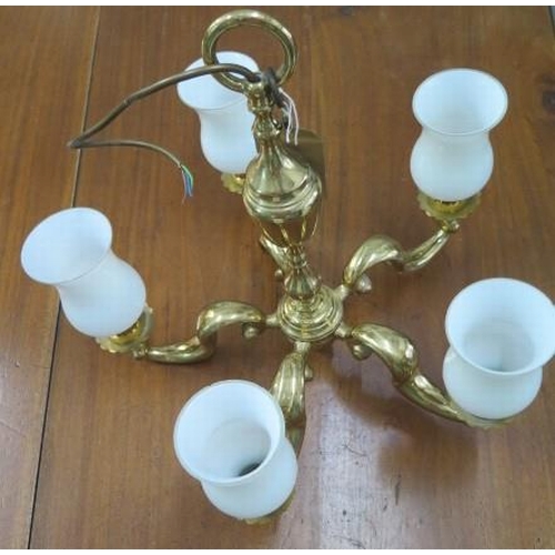 61 - A brass five branch hanging ceiling chandelier, 40cm tall x 48cm wide