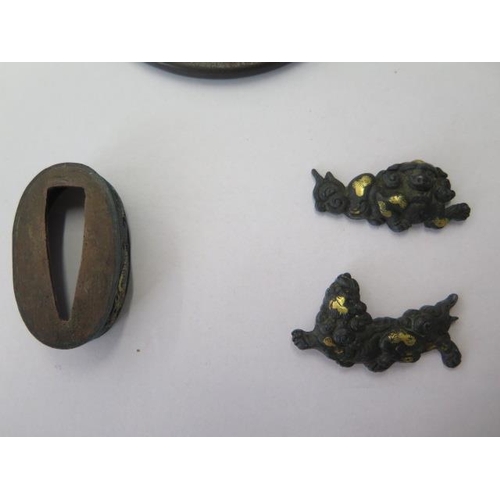 755 - Three Japanese tsuba sword guards and 8 decorations and a collar