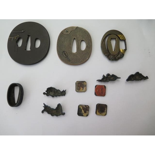 755 - Three Japanese tsuba sword guards and 8 decorations and a collar