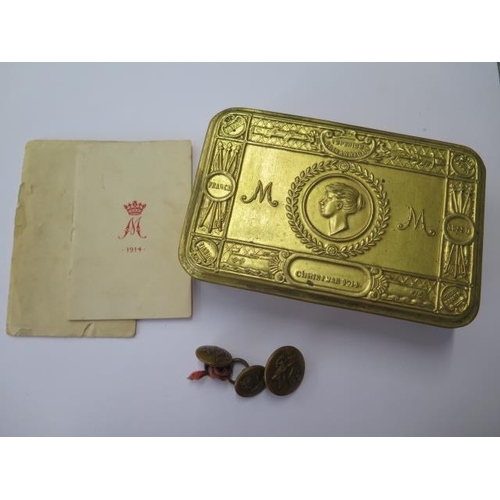 765 - A WWI Princess Mary 1914 Christmas tin with card and 3 RAF buttons