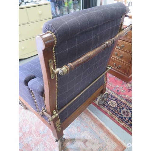 96 - A Victorian reupholstered invalid chair with drop sides, reclining back and pull out foot rest, 107c... 