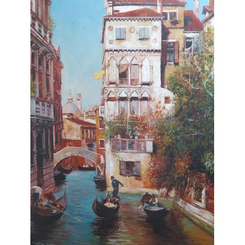 223 - An unsigned oil on canvas canal scene Venice, in a gilt and silvered frame, frame size 85cm x 60cm