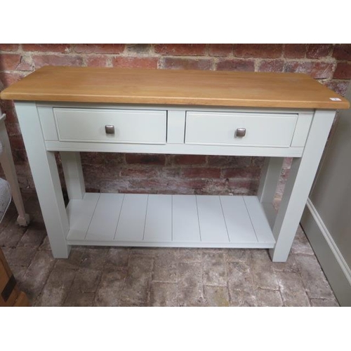 1 - A painted 2 drawer hall table with an undertier and oak top, 76cm tall x 110cm x 38cm