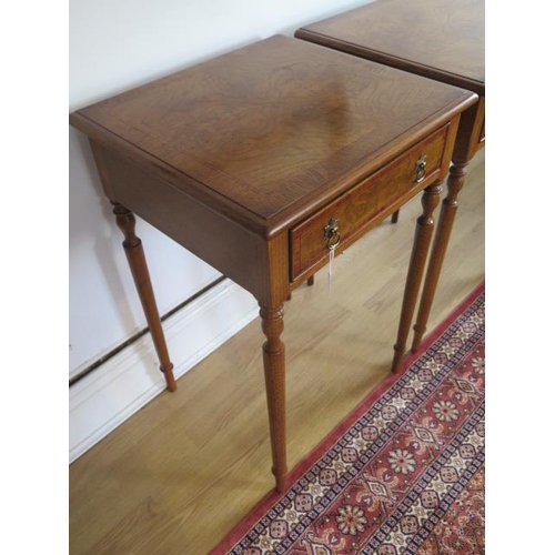18 - A pair of burr oak lamp tables each with a drawer on turned legs, made by a local craftsman to a hig... 