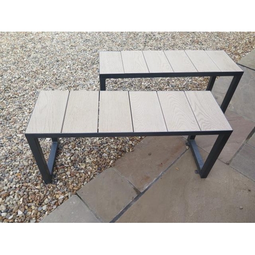 28 - A pair of steel garden patio stools with wood effect poly seats, 47cm tall x 108cm x 36cm