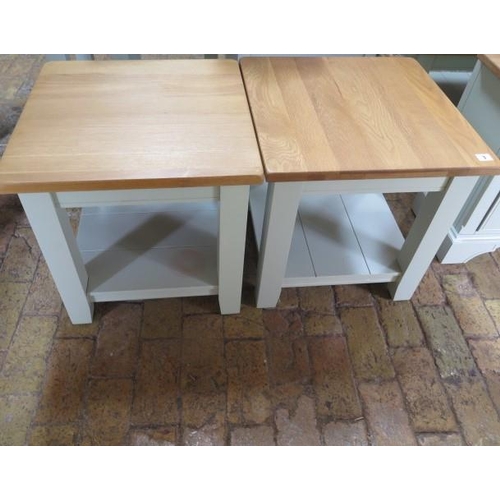 3 - A pair of painted side tables with oak tops and undertier, 50cm tall x 50cm x 50cm