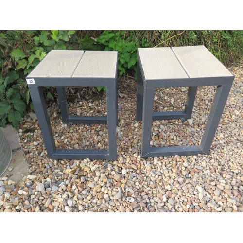 31 - A pair of steel garden / patio stools with wood effect poly seats, 47cm tall x 36cm x 36cm