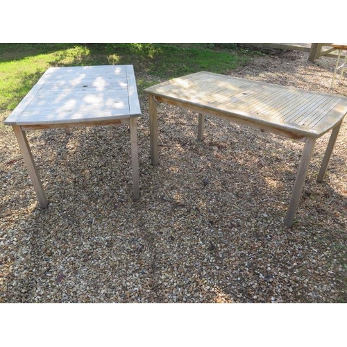 35 - Two weathered teak garden / patio tables, 76cm tall x 150cm x 89cm