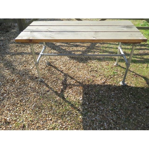 36 - A patio / garden scaffold table with 3 plank top, 76cm tall x 150cm x 69cm