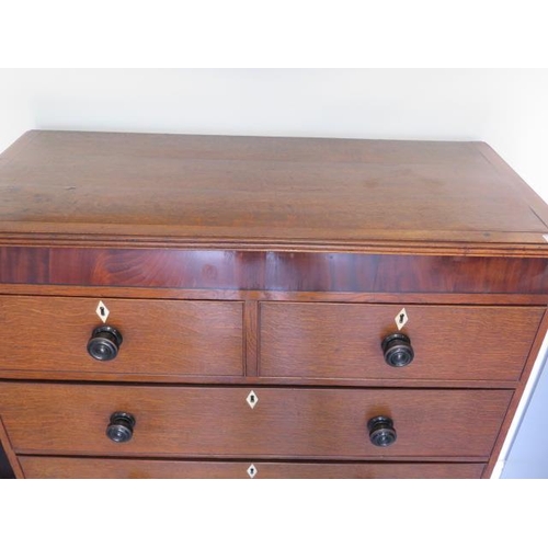 56 - A 19th century oak and mahogany five drawer chest on bracket feet, with good colour and in polished ... 