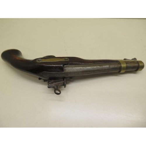 810 - An antique Miquelet military design Spanish single bore flintlock pistol, the top of the barrel mark... 