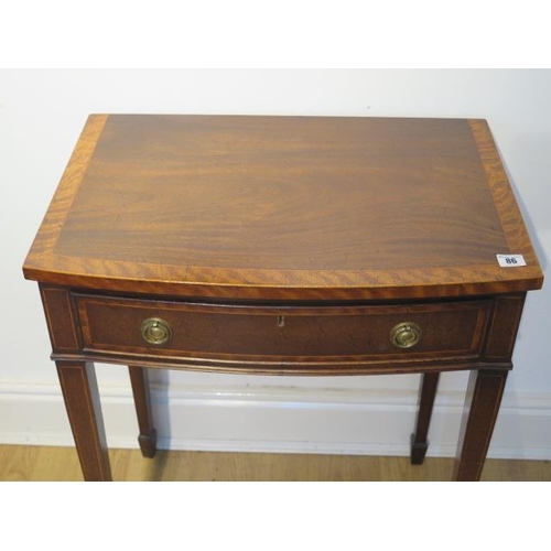 86 - A mahogany bow fronted single drawer side table on square tapering legs, 76cm tall x 61cm x 41cm