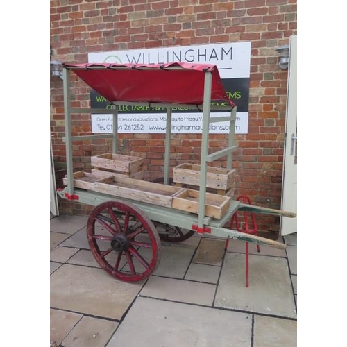 90 - A vintage wooden market barrow / stall with original 10 spoke wooden wheels and leaf spring suspensi... 