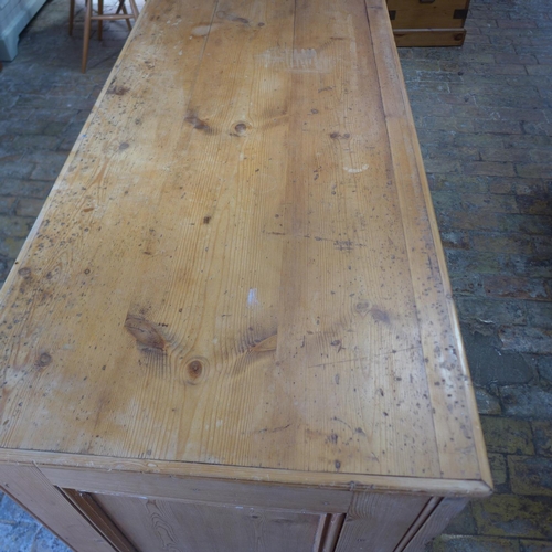 4 - A good Victorian stripped pine 6 drawer free standing shop counter, Habadashery counter with a panel... 