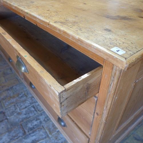 4 - A good Victorian stripped pine 6 drawer free standing shop counter, Habadashery counter with a panel... 