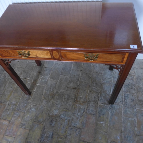 8 - A mahogany 2 drawer sidetable on square moulded legs in polished condition, 72cm tall x 89cm x 44cm