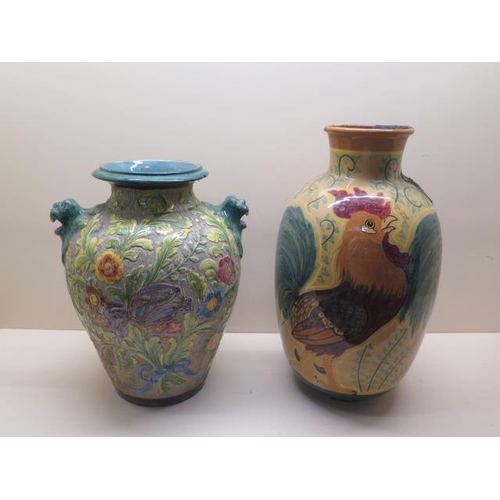 256 - An Italian Perugia twin handle vase, 33cm tall, some small ships otherwise good, and a cockerel vase... 