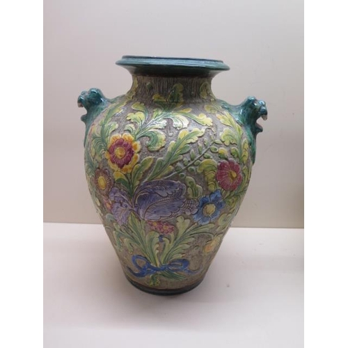 256 - An Italian Perugia twin handle vase, 33cm tall, some small ships otherwise good, and a cockerel vase... 