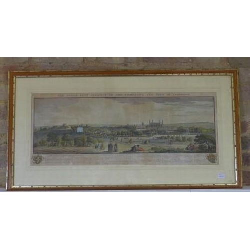 A hand coloured engraving Buck and Buck of The North-West Prospect of the University and Town of Cambridge - framed 53cm x 101cm - some spotting, colours good