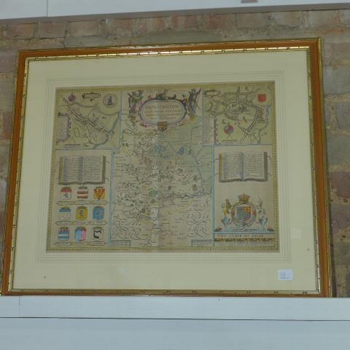 183 - A John Speed coloured map of Huntingdonshire - framed size 61cm x 72cm - generally good