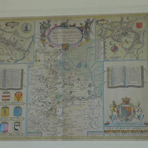 183 - A John Speed coloured map of Huntingdonshire - framed size 61cm x 72cm - generally good