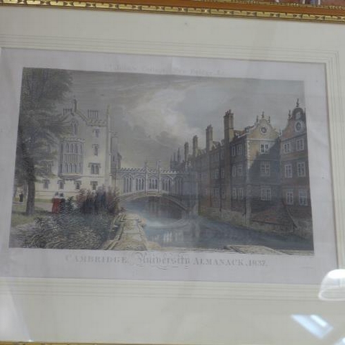 186 - Two Cambridge University Almanack coloured prints - St Johns College New Bridge 1837 and The Church ... 