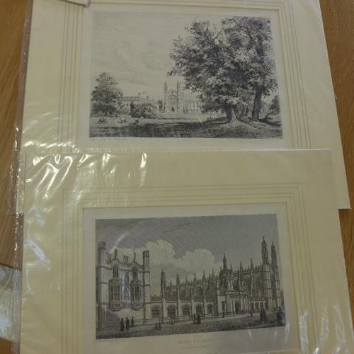 187 - A collection of 13 unframed but mounted antique Cambridge prints including Sam and Nath Buch coloure... 