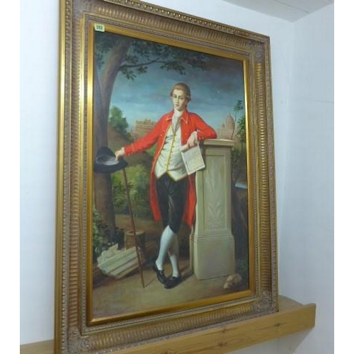 202 - A modern oil on canvas gentleman standing by a plinth in a gilt frame - 112cm x 81cm