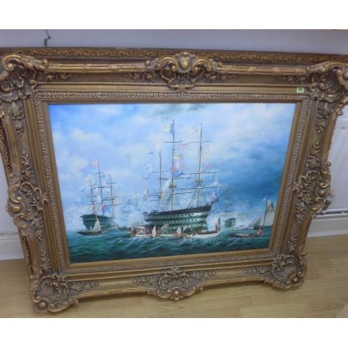 204 - A large oil on canvas Marine scene in an ornate gilt frame - 115cm x 140cm