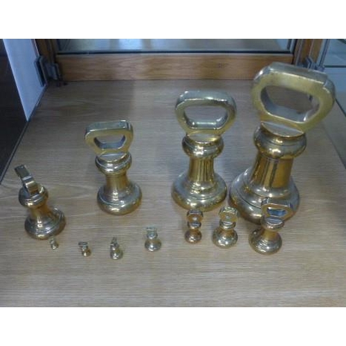 251 - Eleven brass bell weights from 14lb to 1/4oz