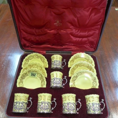 262 - A Royal Worcester boxed yellow ground set of six tea cups and saucers with silver holders - all good... 