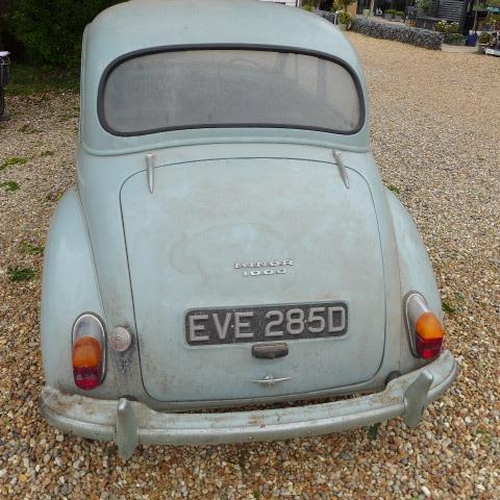 18 - A vintage 1966 Morris Minor 1000 two door petrol 1098cc car, reg EVE285D in barn find condition - to... 