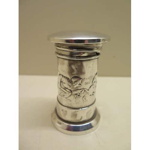 502 - A silver and wood post box money box with three blind mice decoration - Height 9cm - some denting, n... 