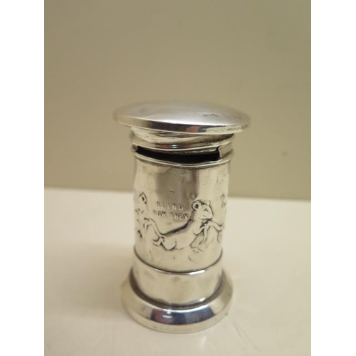 502 - A silver and wood post box money box with three blind mice decoration - Height 9cm - some denting, n... 