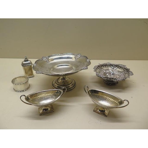 509 - Two silver footed dishes, a pair of silver salts, a silver pepper and a silver serviette ring - tota... 