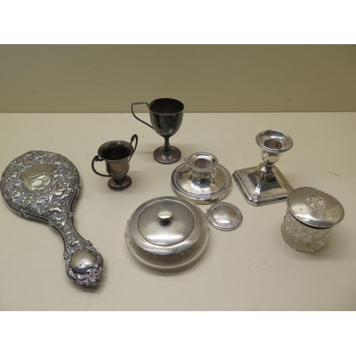 510 - Two silver cups approx 1.9 troy oz - one handle missing - two silver top glass pots, a silver back m... 