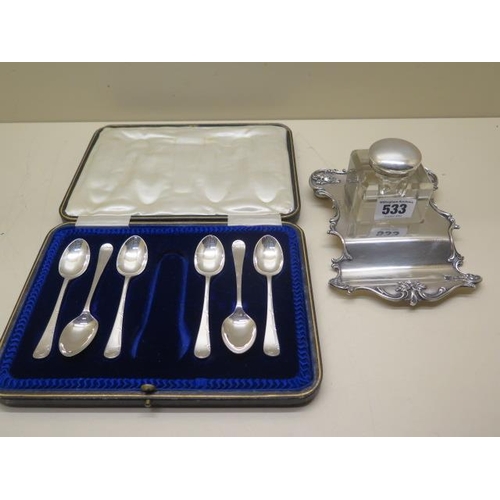 533 - Six silver spoons and a silver desk stand, damage to lid, weighable silver approx 6.9 troy oz