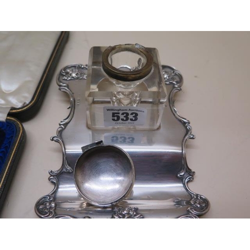 533 - Six silver spoons and a silver desk stand, damage to lid, weighable silver approx 6.9 troy oz