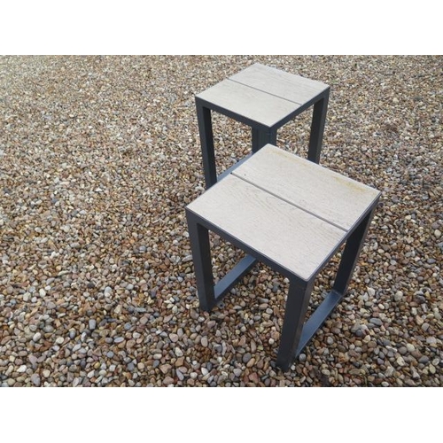 40 - A pair of steel garden/patio stools with wood effect poly seats - Height 47cm x 36cm x 36cm