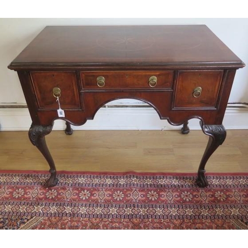 55 - A re-veneered 3 drawer walnut and mahogany lowboy on acanthus carved cabriole legs, 75cm tall x 91cm... 