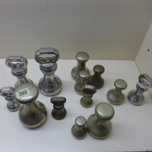 202 - A collection of 13 assorted steel and brass bell weights from 7 to 1lb