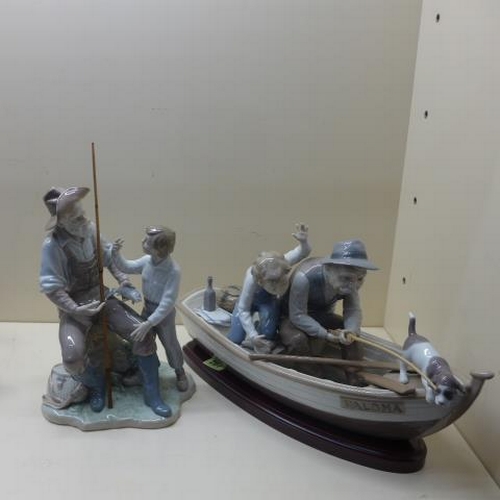 207 - A Lladro group fishing boat with stand, no 5216 - and Fisherman, no 6466, 27cm tall - both good cond... 