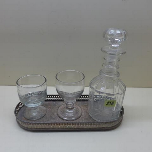 216 - Two Georgian rummer glasses, a triple ring decanter and a plated tray - stopper base chipped, glasse... 