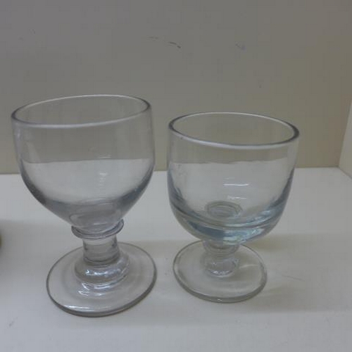 216 - Two Georgian rummer glasses, a triple ring decanter and a plated tray - stopper base chipped, glasse... 