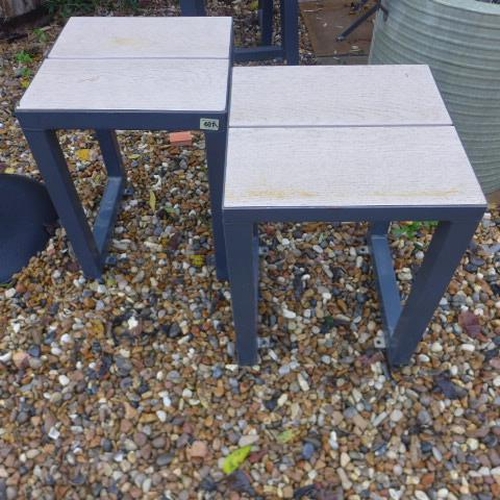 40A - A pair of steel garden/patio stools with wood effect poly seats - Height 47cm x 36cm x 36cm